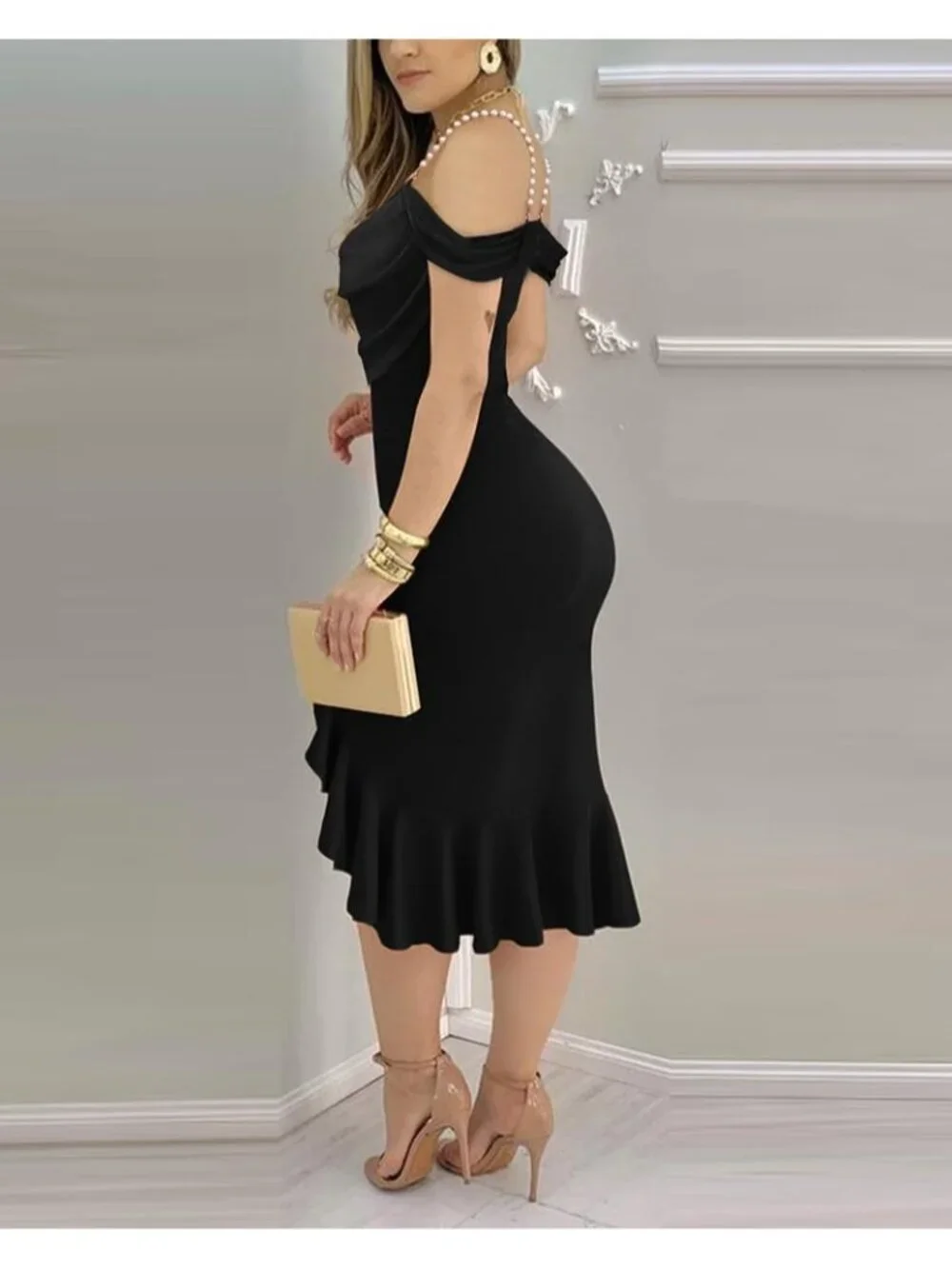 👗Women's Black Off Shoulder Design Cocktail  Pearls Strap Bodycon Midi Dress